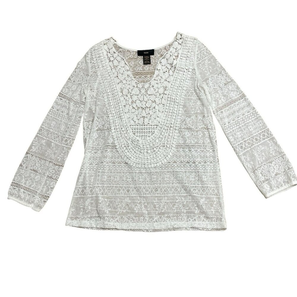 RAIN TOP CROCHET LACE BOHO FESTIVAL SHEER HIPPIE WHITE OPEN KNIT FLORAL SIZE S